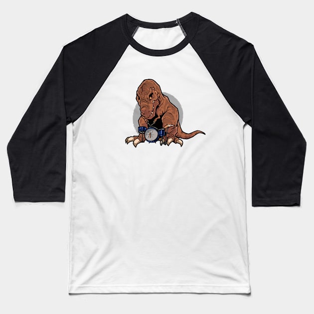 T-Rex Playing the Drums Baseball T-Shirt by Oobydoobs